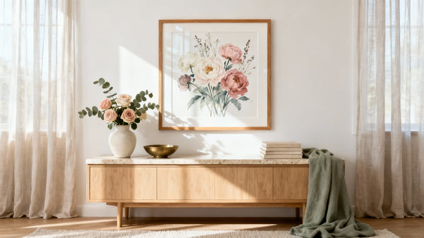 Framed wall art mockup featuring a vibrant print of flowers, perfect for transforming your space with floral beauty.