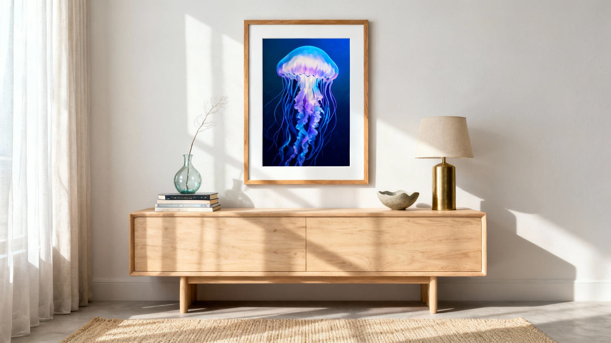 Framed jellyfish wall art mockup showcasing vibrant colors and serene ocean vibes for home decor.