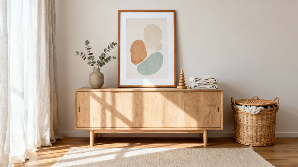 Framed wall art mockup in a neutral tone nursery, showcasing modern decor trends and soothing color palettes.