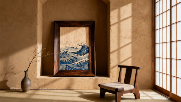 Framed wall art mockup showcasing vibrant ukiyo-e techniques in traditional Japanese woodblock printing.