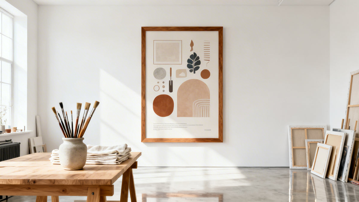 Framed wall art mockup showcasing an art classroom poster for visual learning in education.