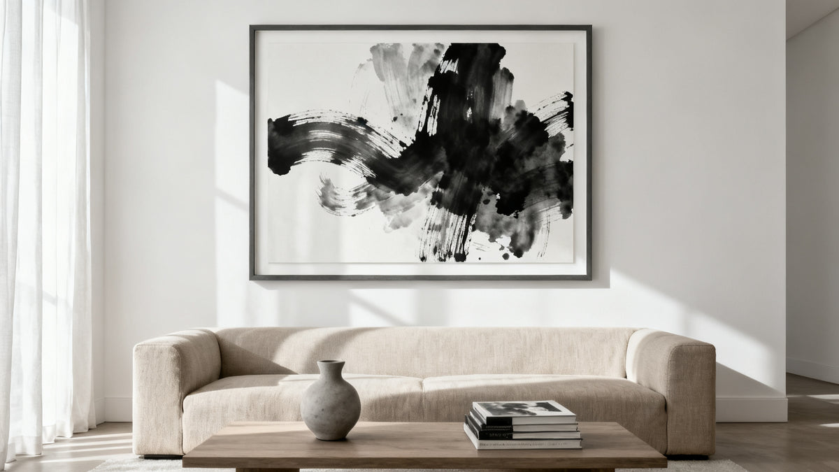 Framed wall art mockup featuring a vibrant abstract painting for living room decor inspiration.