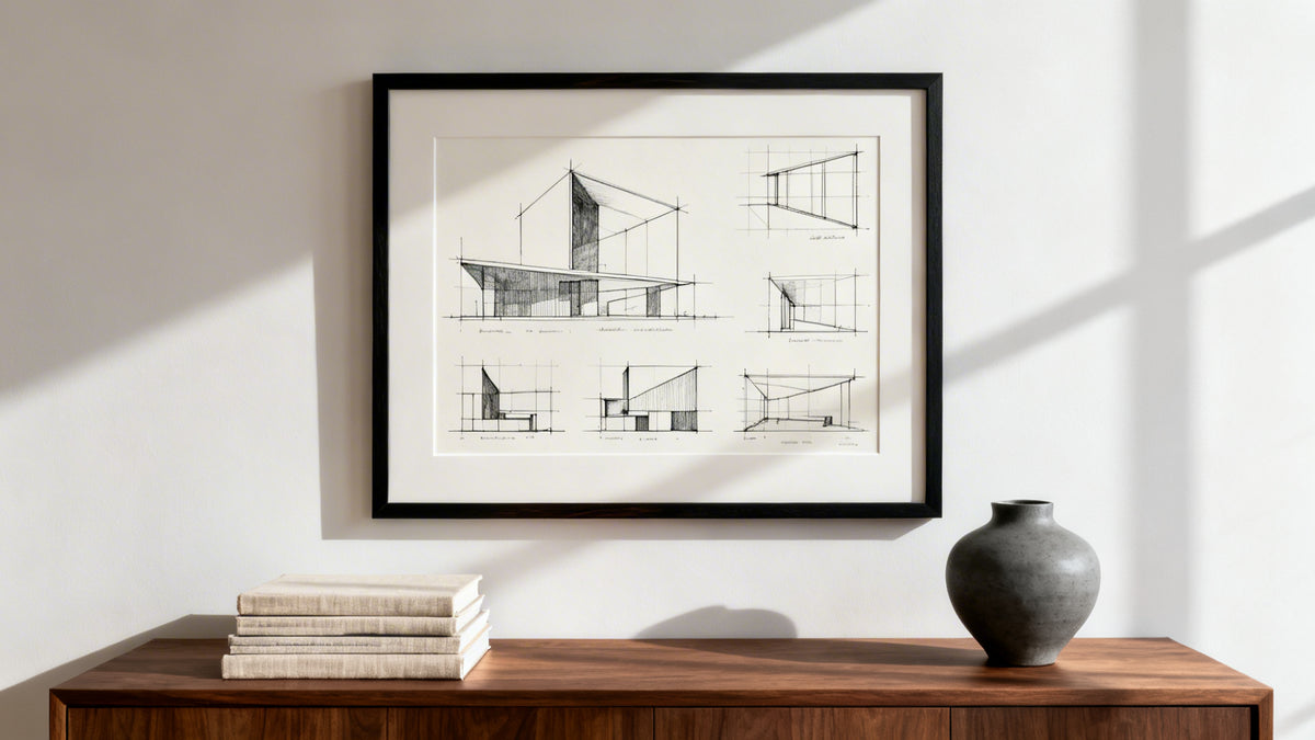 Framed wall art mockup showcasing various poster frame sizes and styles for decor inspiration.