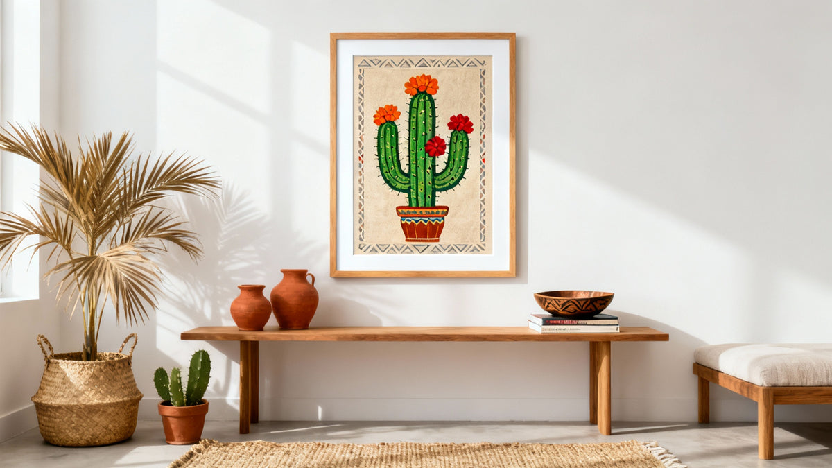 Framed wall art mockup featuring vibrant Mexican folk art cactus design for unique home decor inspiration.