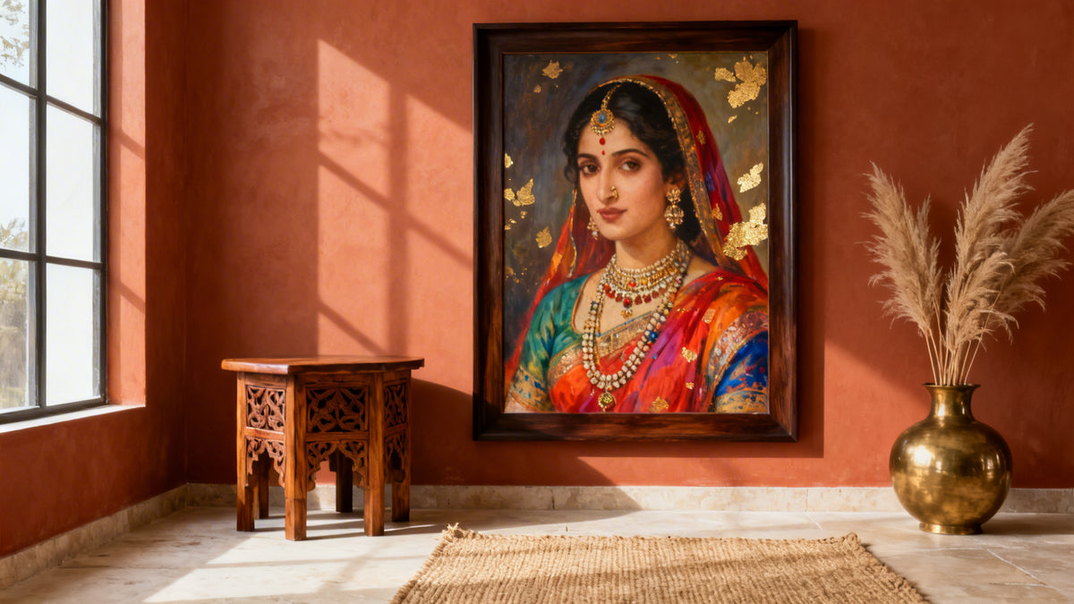 Framed wall art mockup featuring an Indian painting of a woman, showcasing cultural significance and artistic mastery.