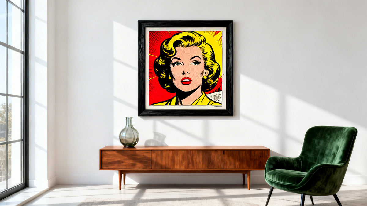 Framed wall art mockup featuring vibrant mid century pop art design.