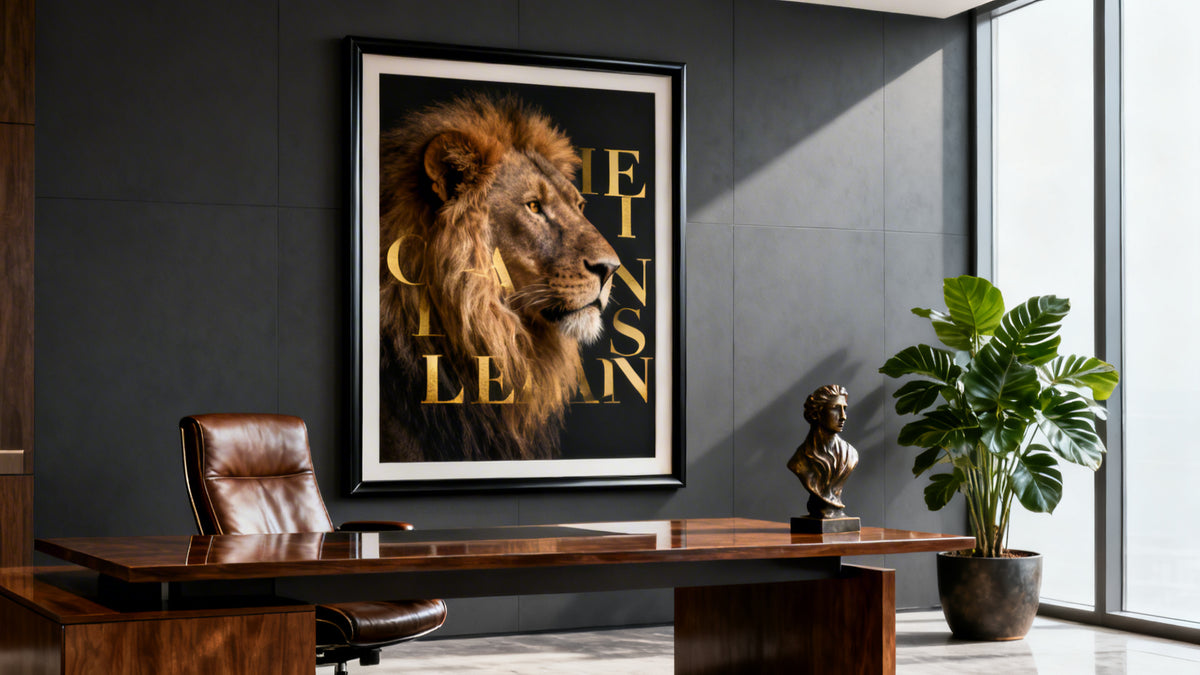 Framed lion poster with quotes, perfect motivational wall art to inspire and transform your space.