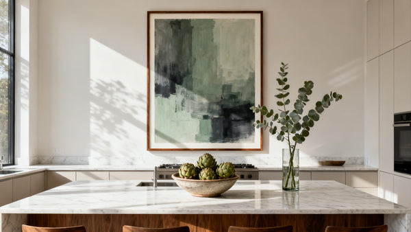 Framed wall art mockup showcasing large kitchen art to enhance cooking space decor.