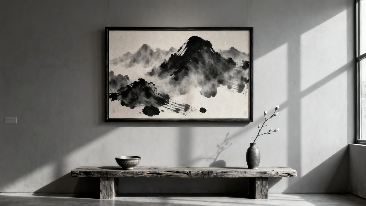 Framed wall art mockup showcasing a serene Sumi-e ink painting, highlighting Japanese art fundamentals.
