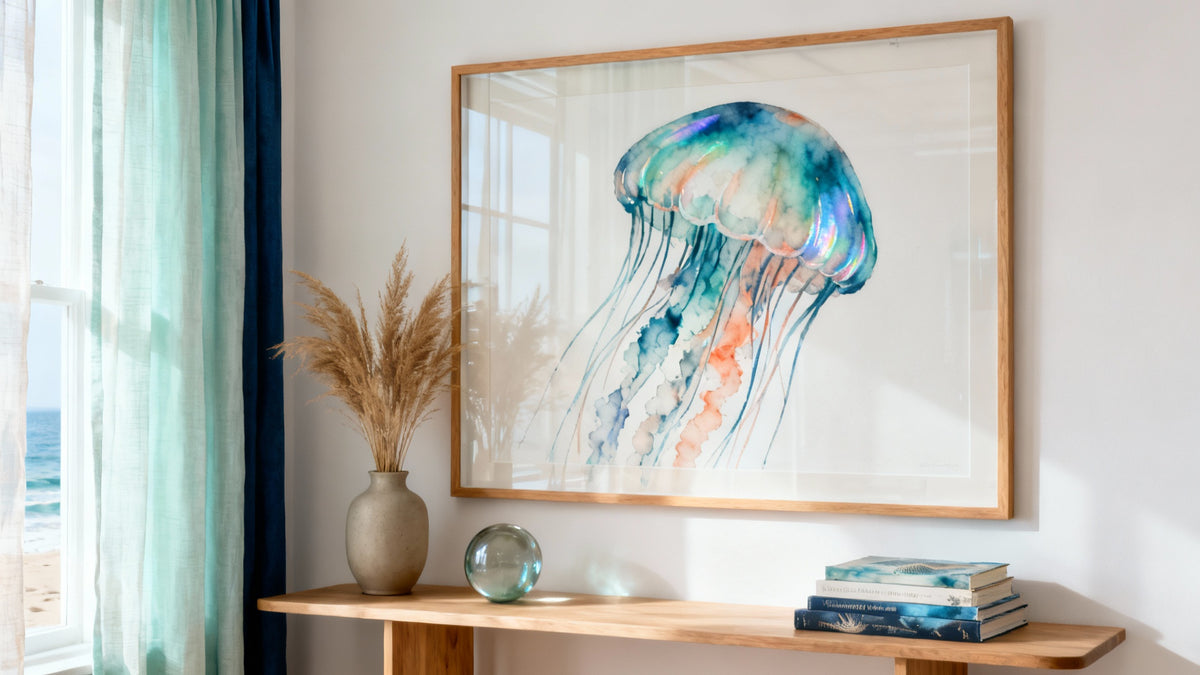 Framed jellyfish artwork mockup showcasing vibrant underwater creativity and design inspiration.