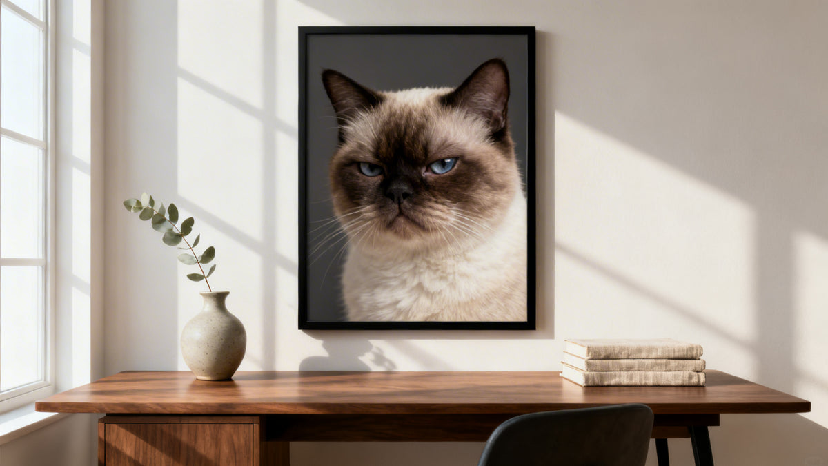 Framed Grumpy Cat poster mockup showcasing iconic meme wall art for home decor inspiration.