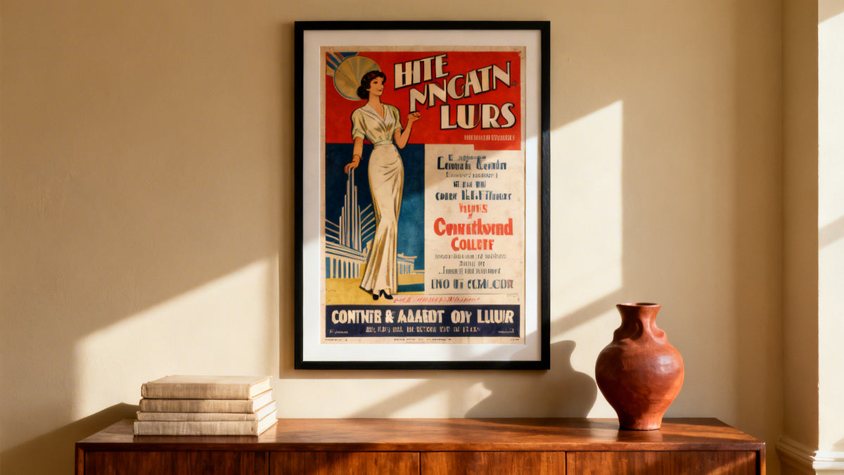 Framed vintage poster art mockup showcasing classic advertising designs for collectors.