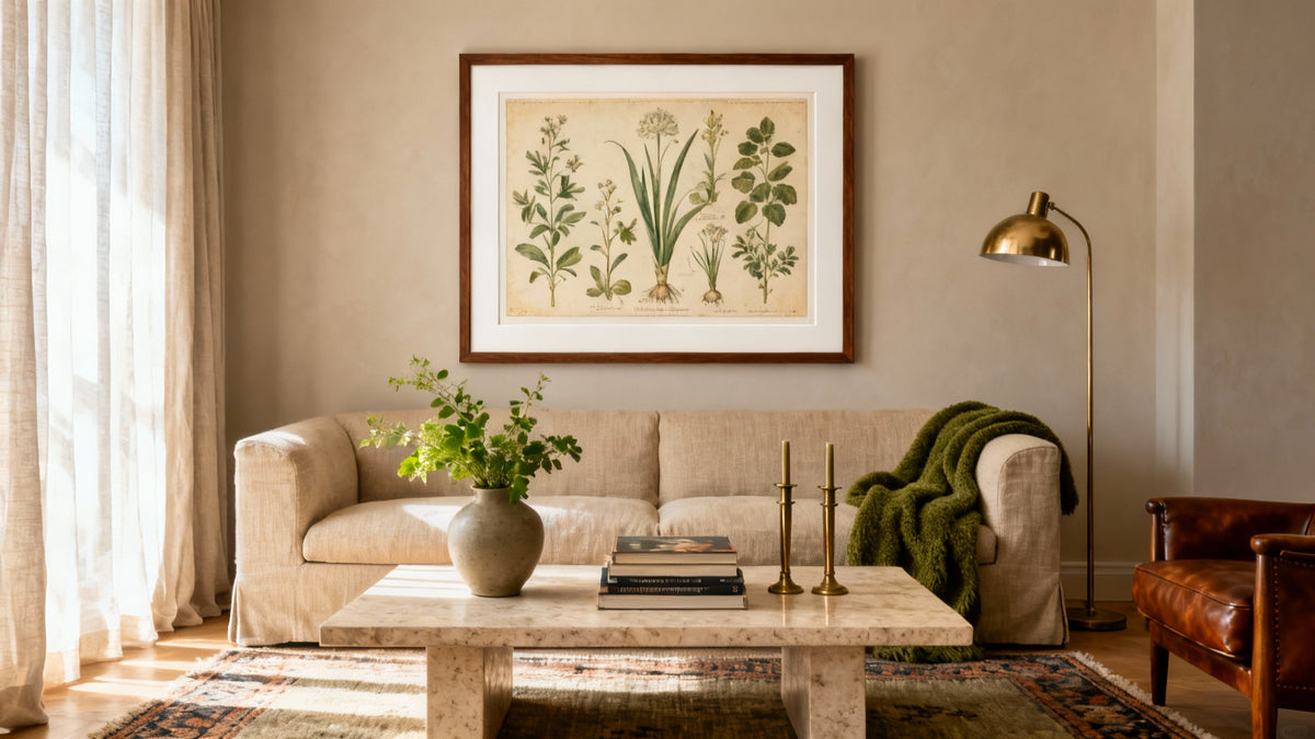 Framed vintage wall art mockup enhancing a living room's timeless style and ambiance.