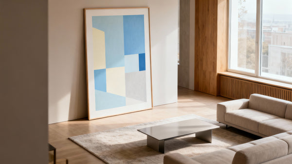 Framed wall art mockup showcasing A2 format dimensions and design options for home decor.