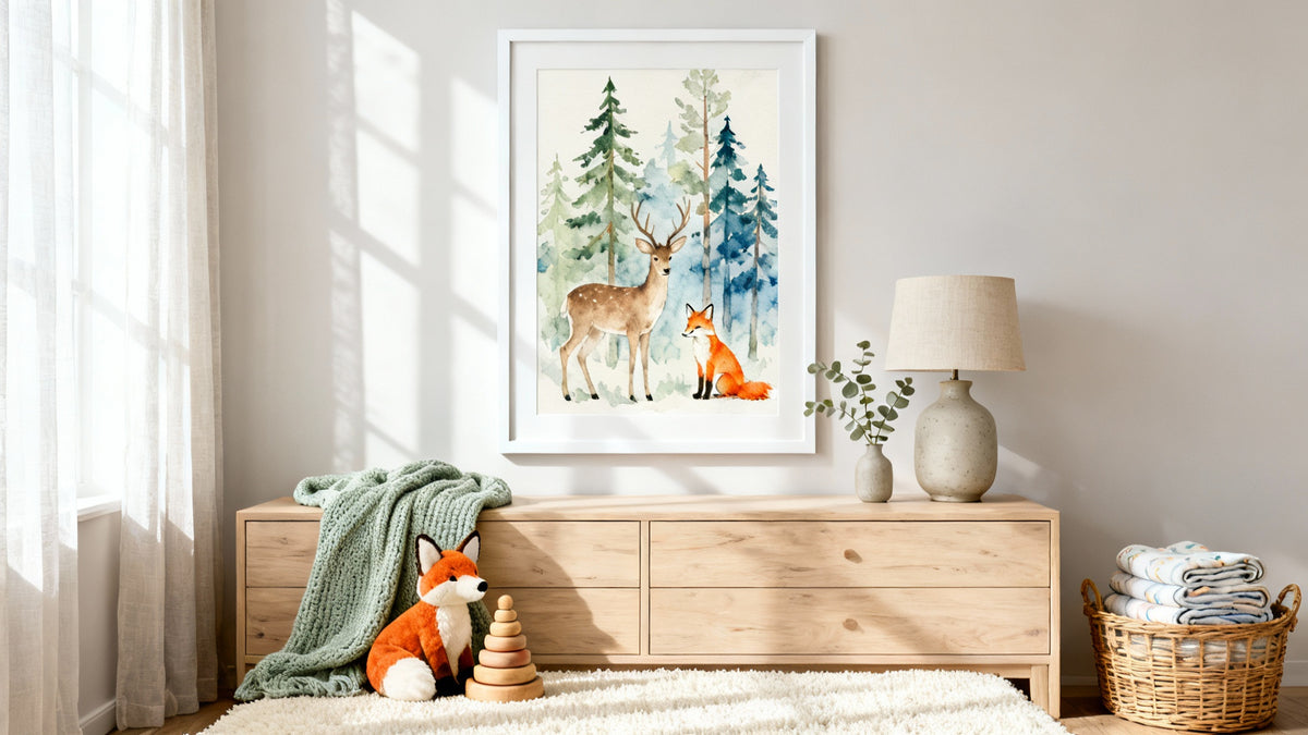 Framed woodland wall decor mockup for a magical nursery transformation.