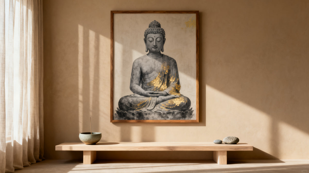 Framed oversized Buddha wall art mockup enhancing a serene and stylish interior space.