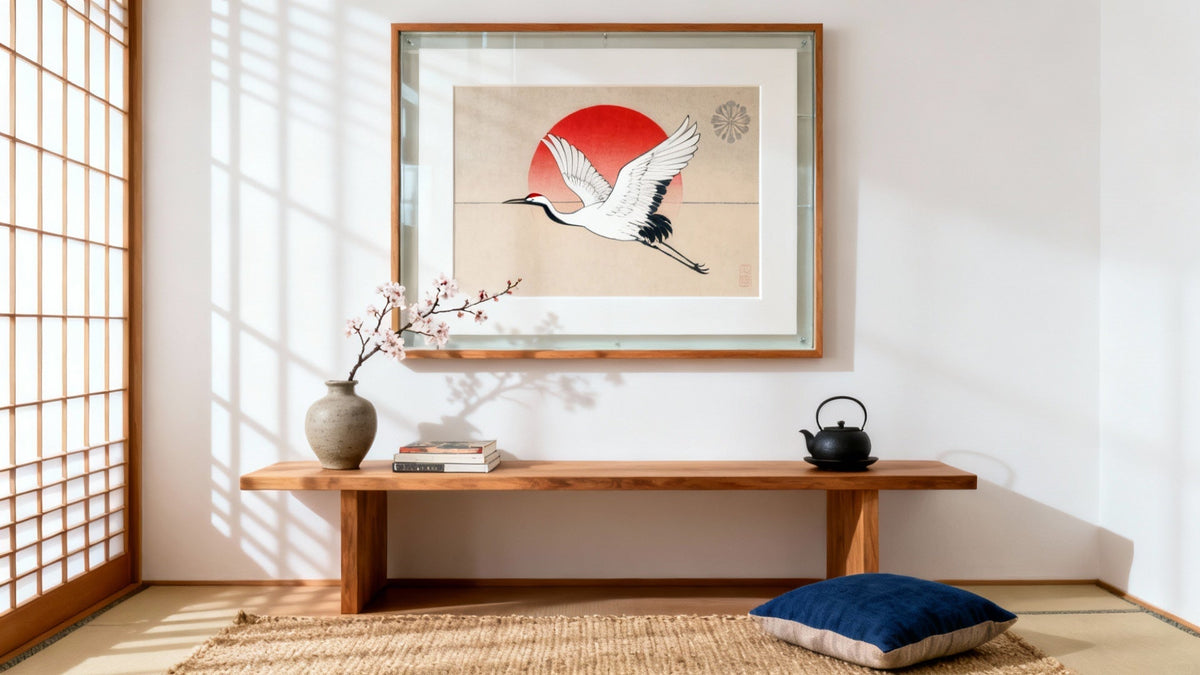 Framed wall art mockup featuring Japanese symbolism and cultural motifs.