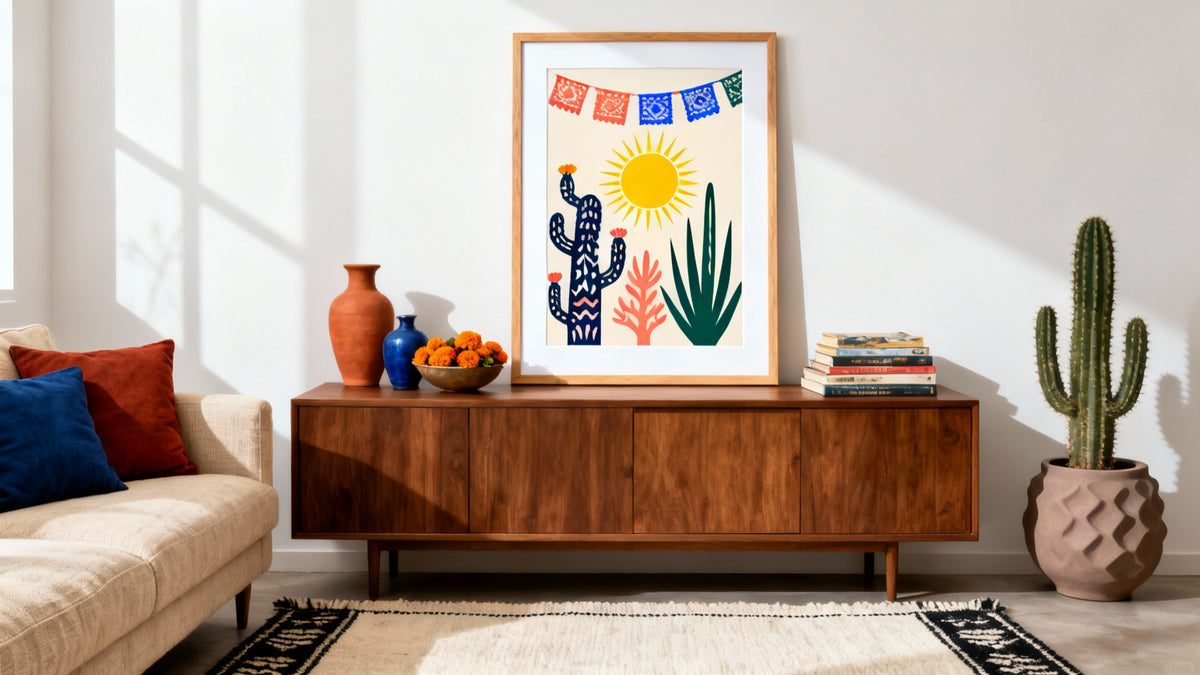 Framed Mexican poster mockup showcasing vibrant colors and cultural elements for stylish room decor.