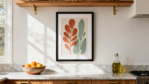 Framed wall art mockup showcasing stylish kitchen decor ideas for art enthusiasts. Perfect for enhancing kitchen aesthetics.