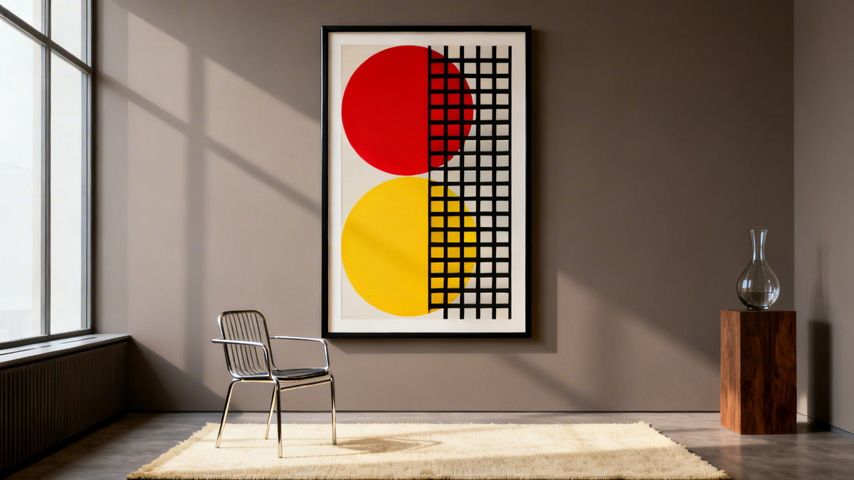 Bauhaus poster art showcasing geometric designs and vibrant colors in a framed wall art mockup.