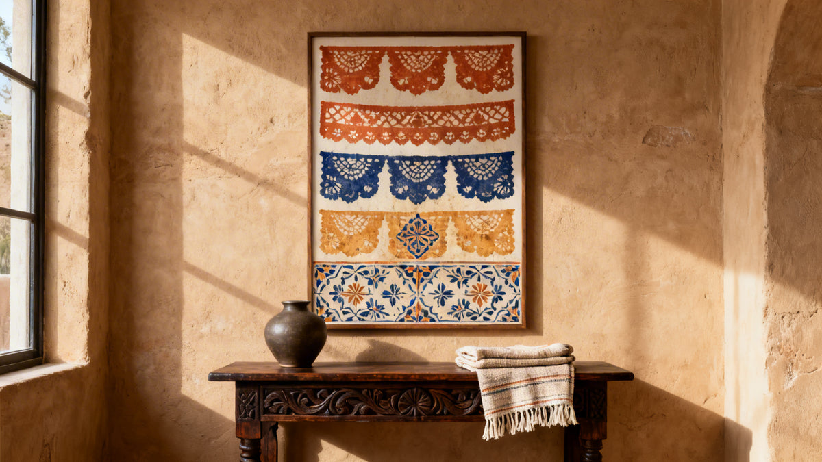 Framed wall art mockup featuring vibrant traditional Mexican decorations for cultural design inspiration.