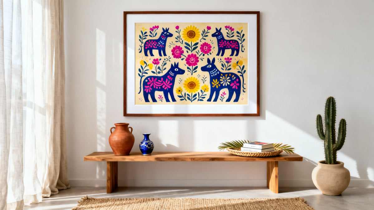 Framed wall art mockup showcasing vintage Mexican folk art, highlighting its history and cultural significance.