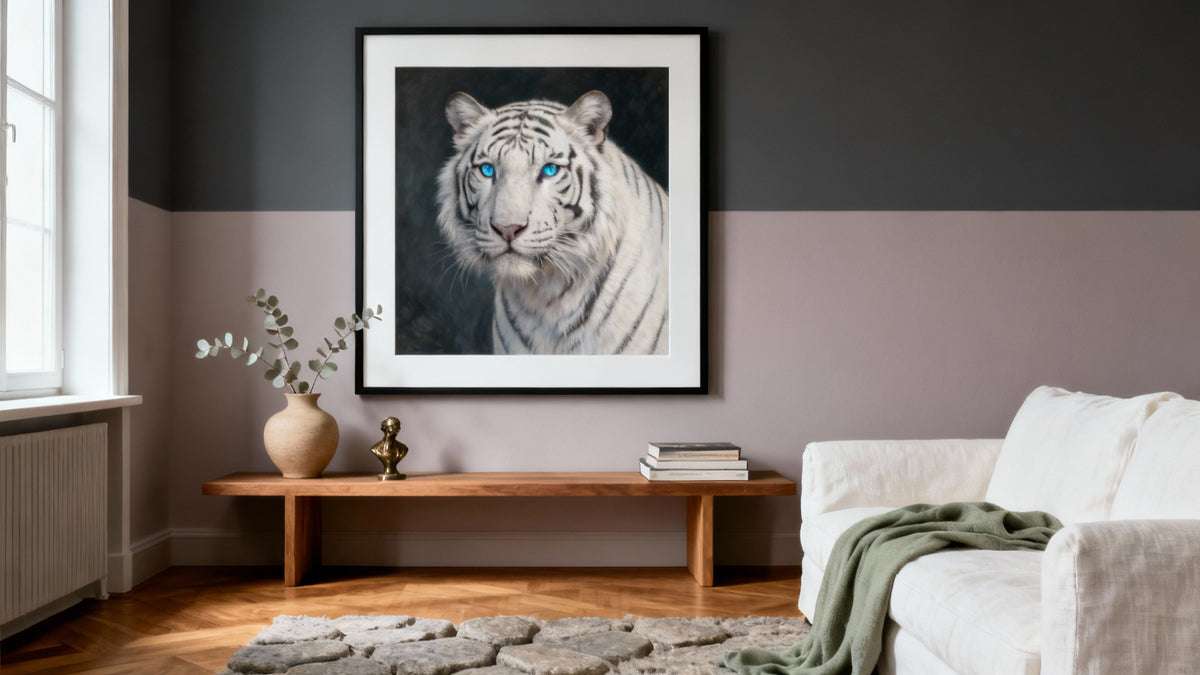 Framed white tiger artwork mockup showcasing the majesty and elegance of this magnificent animal.