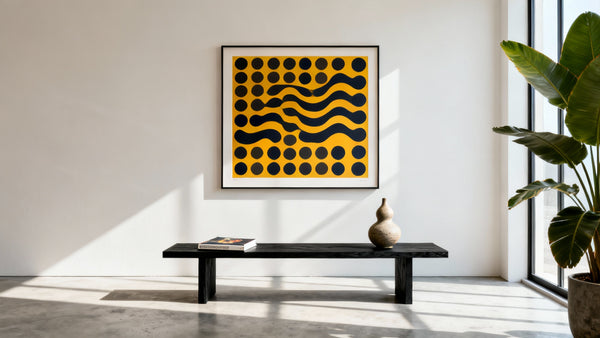 Framed wall art mockup featuring Yayoi Kusama's iconic polka dot design, showcasing her influence on contemporary art.