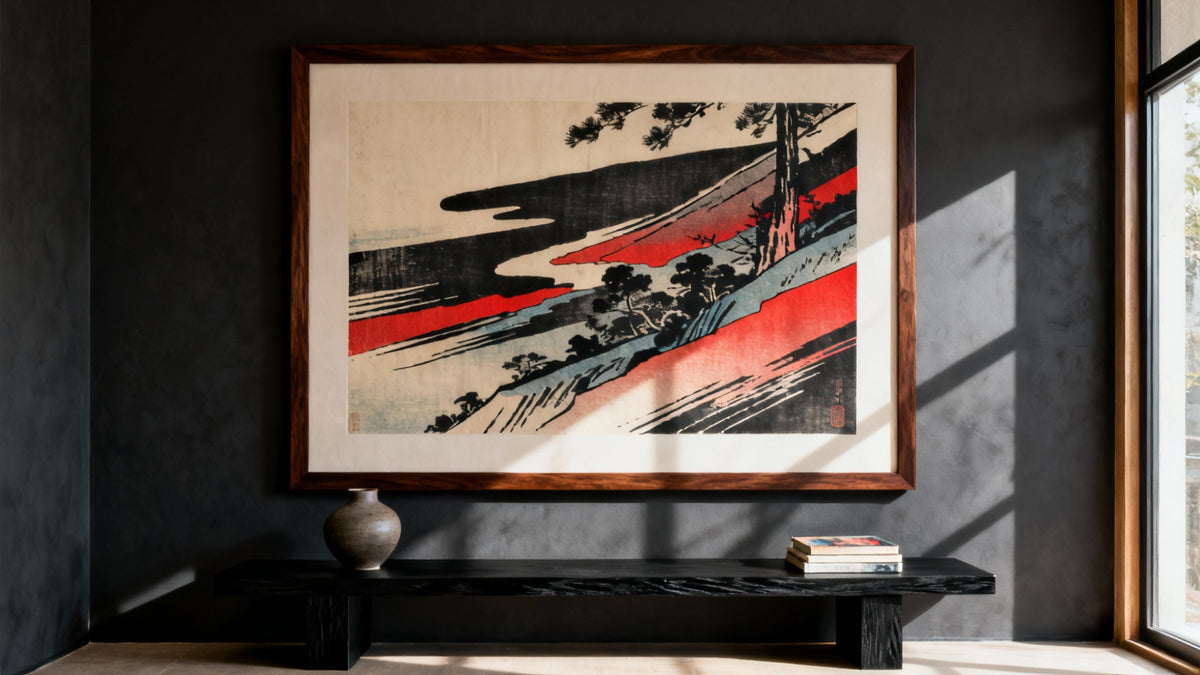 Framed modern ukiyo-e wall art mockup showcasing contemporary Japanese woodblock design for stylish interiors.