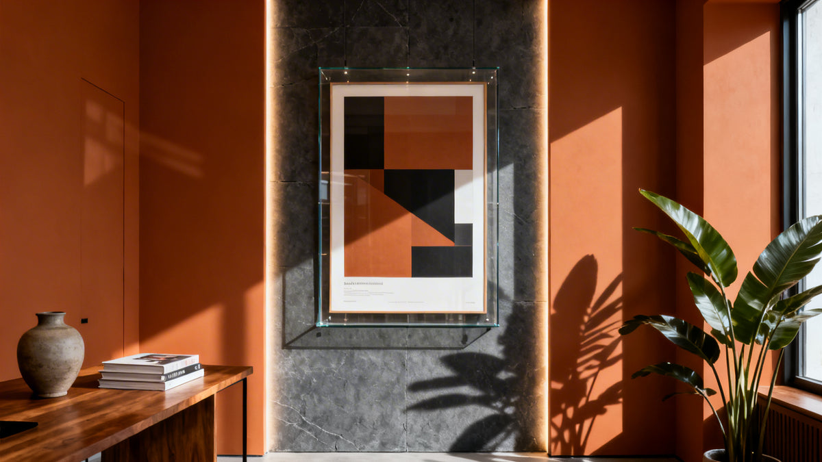 Framed wall art mockup showcasing curated collection of 50 posters for modern home decor.