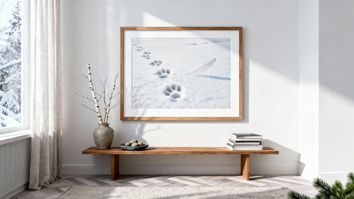 Framed wall art mockup featuring delicate snow prints capturing winter's natural beauty.