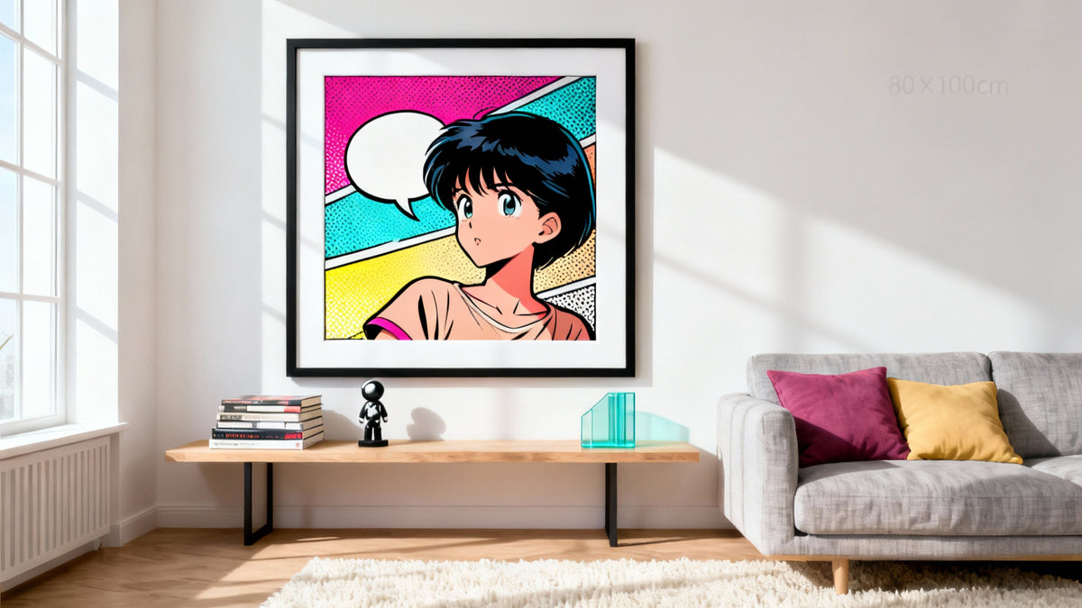 Framed wall art mockup featuring vibrant anime pop art blending modern aesthetics with pop culture.