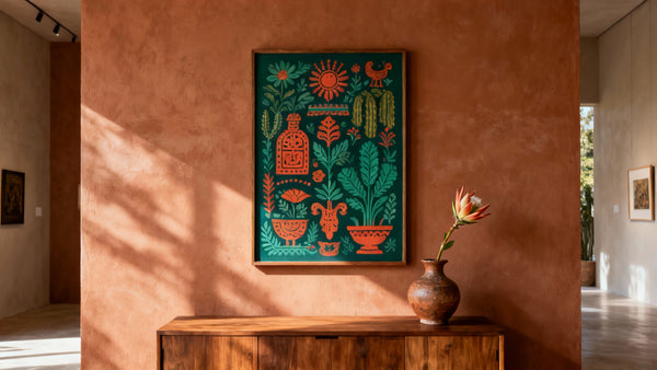 Frida Kahlo framed wall art mockup showcasing her iconic pintura style and vibrant colors.