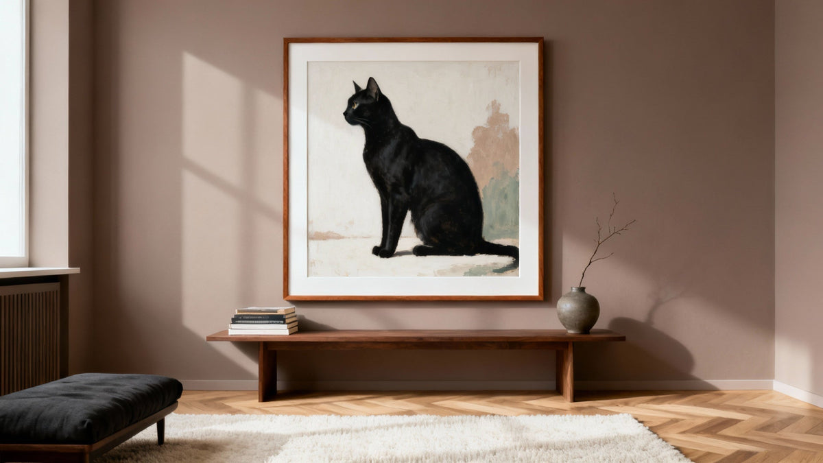 Framed wall art mockup featuring famous artwork with cats, showcasing feline friends in art history.