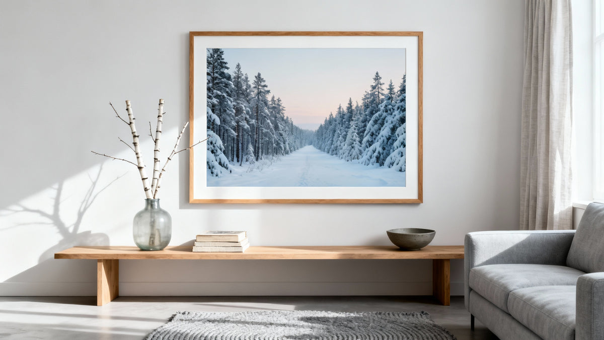 Framed winter scenes art mockup showcasing serene snow-covered landscapes and cozy cabin vibes.