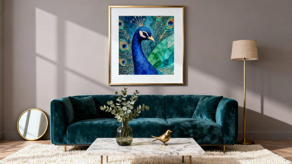 Framed wall art mockup featuring elegant peacock decor for a stylish living room design.