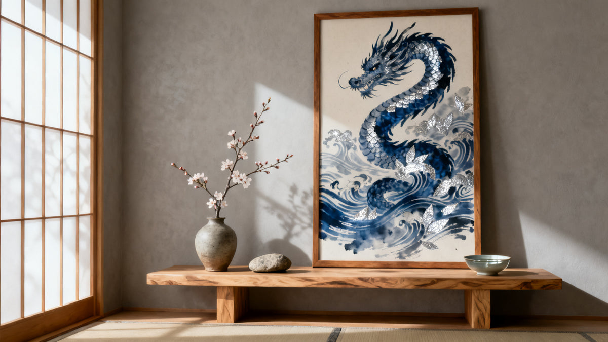 Framed wall art mockup featuring the mystical water god in Japanese culture.