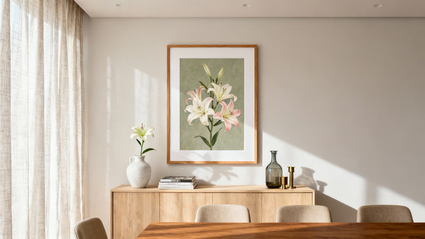 Framed lilies wall art mockup showcasing elegant design for home and office decor.