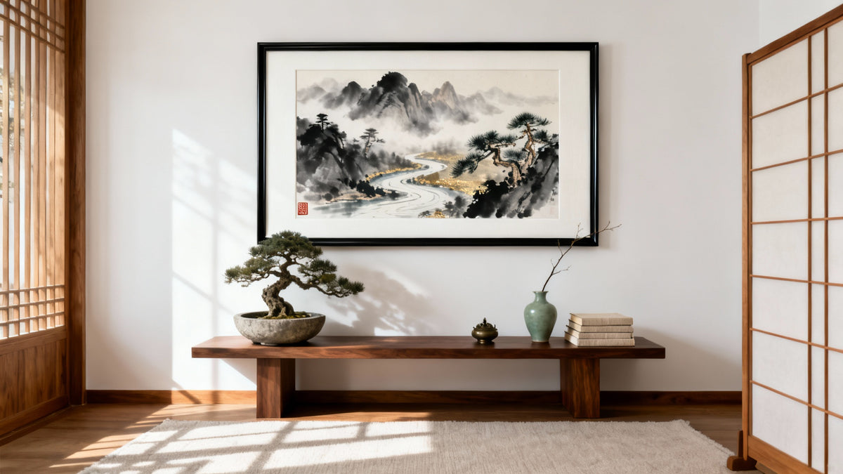 Framed oriental artwork mockup showcasing timeless beauty and tradition for elegant home decor.
