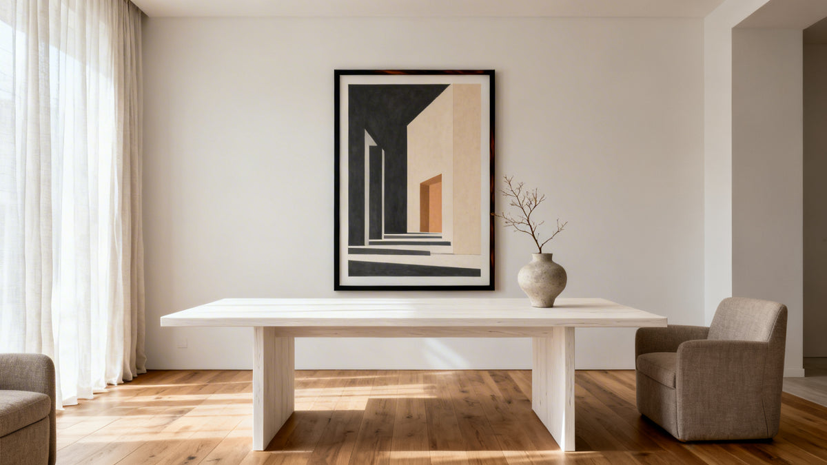 Framed wall art mockup showcasing elegant dining room design ideas and table settings.