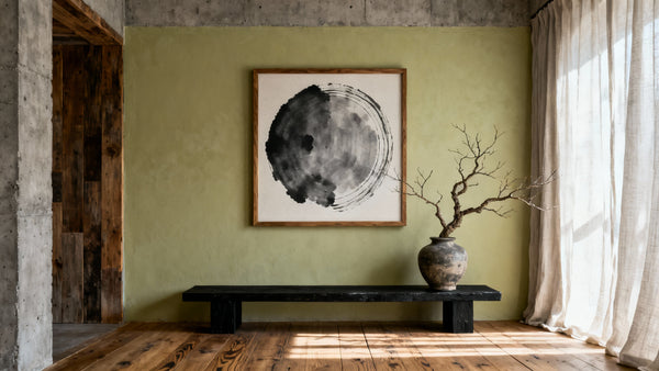Framed wabi-sabi wall decor mockup showcasing authentic beauty through imperfection.
