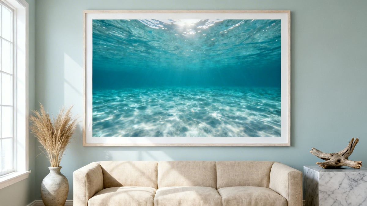 Framed underwater print art mockup showcasing vibrant ocean-inspired decor for your stylish space.