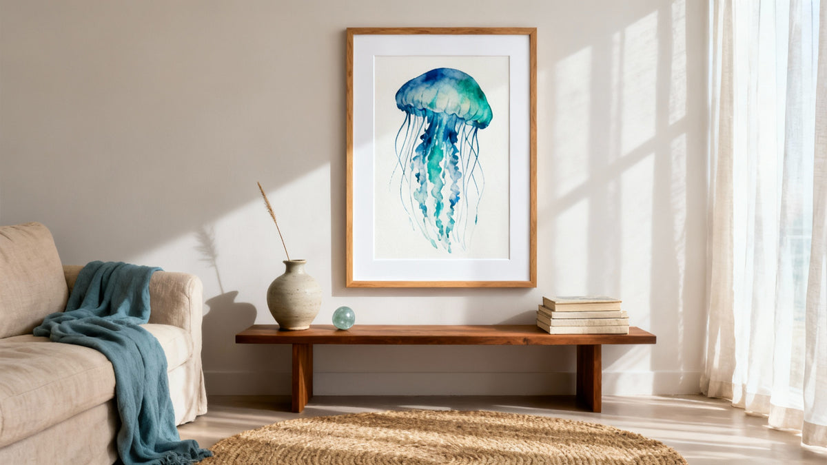 Framed jellyfish print wall art mockup, adding a unique touch to any space. Perfect for marine-themed decor.