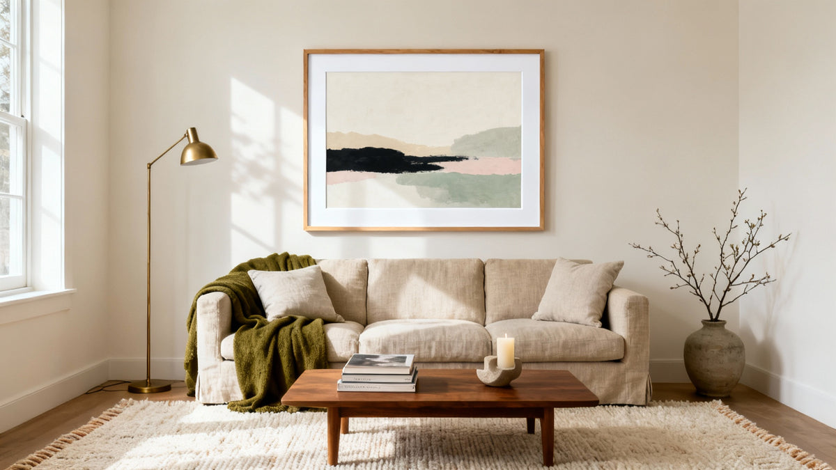 Framed wall art mockup stylishly enhancing a living room decor, perfect for transforming your space.