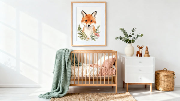 Framed wall art mockup featuring adorable woodland animals, perfect for a cozy nursery decor theme.
