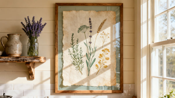 Framed rustic wall art mockup for kitchen decor, showcasing farmhouse charm and style.
