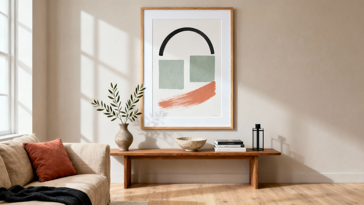 Framed abstract poster mockup enhancing modern interior decor with vibrant colors and unique design.
