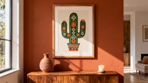 Framed wall art mockup featuring vibrant Mexican folk art cactus designs, blending tradition with modern aesthetics.