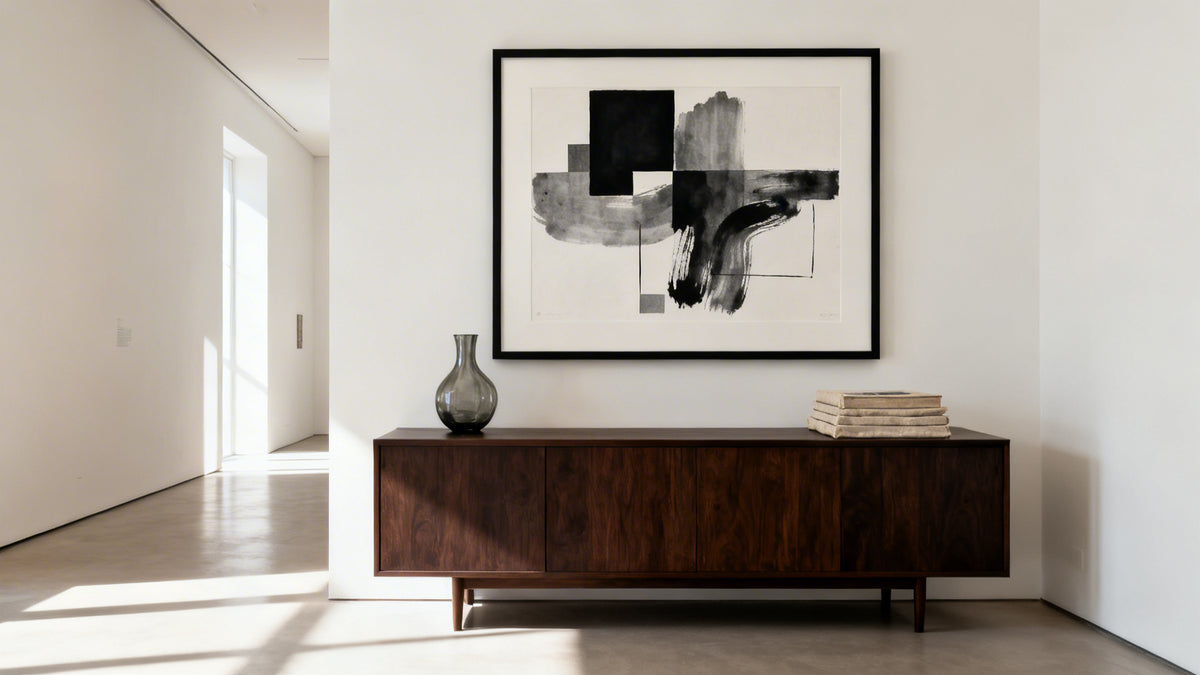 Framed modern art wall mockup showcasing contemporary visual art pieces in a stylish setting.