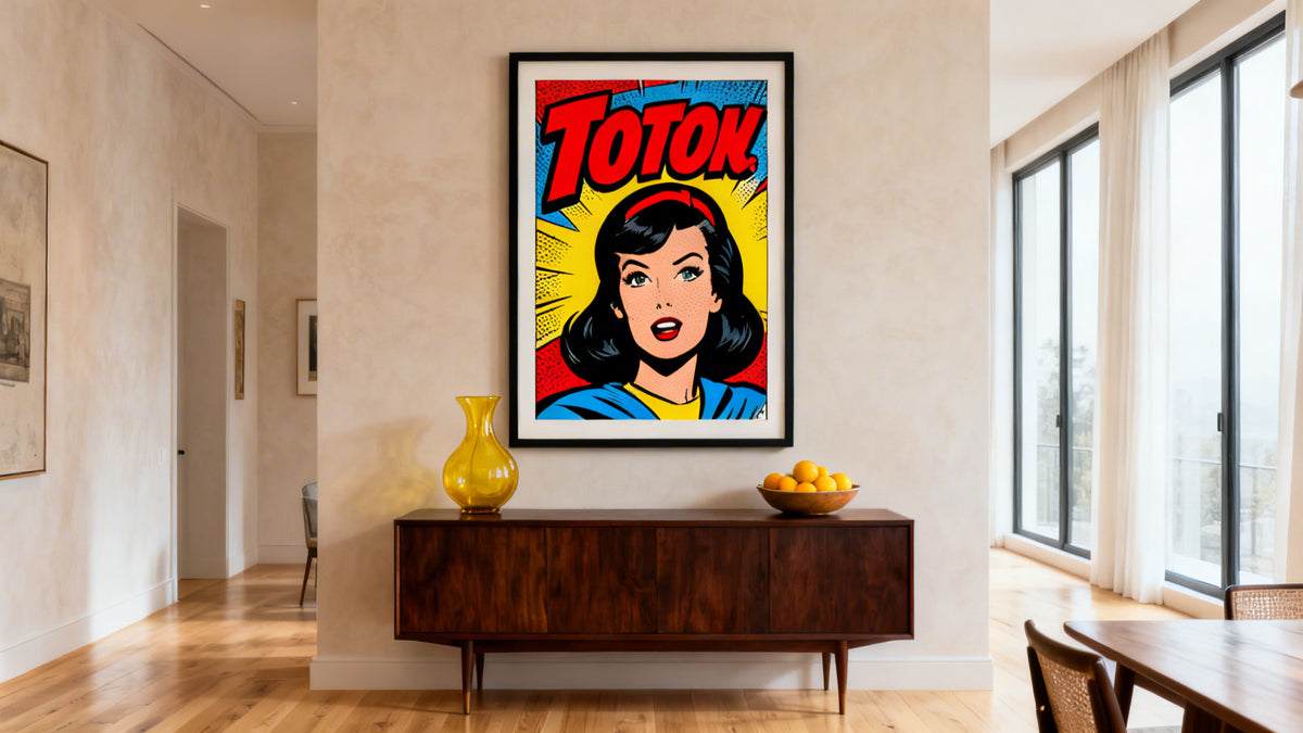 Framed pop art wall decor in a stylish kitchen, enhancing modern dining room aesthetics.